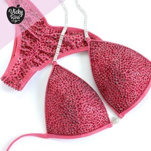 Vermillion Red Crystal Fitness Posing Bikini Suit